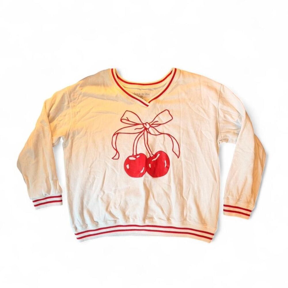 Love Tribe Cherry Graphic Sweatshirt Size 2X White Red Bow Cherries Oversized